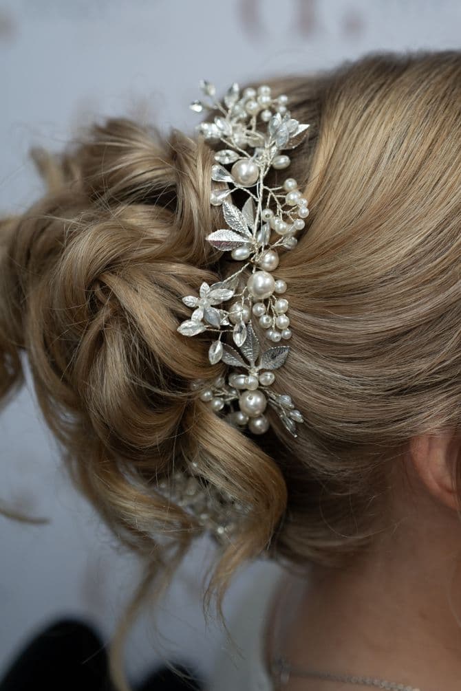 Floral hair vine in bridal hair.