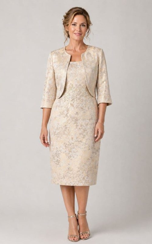 Model wearing L-16SS-2202-2 occasion dress in gold.