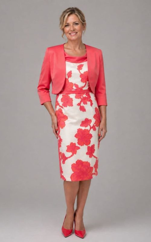 Model wearing Lizabella L-16SS-2222-12 occasion dress in coral.