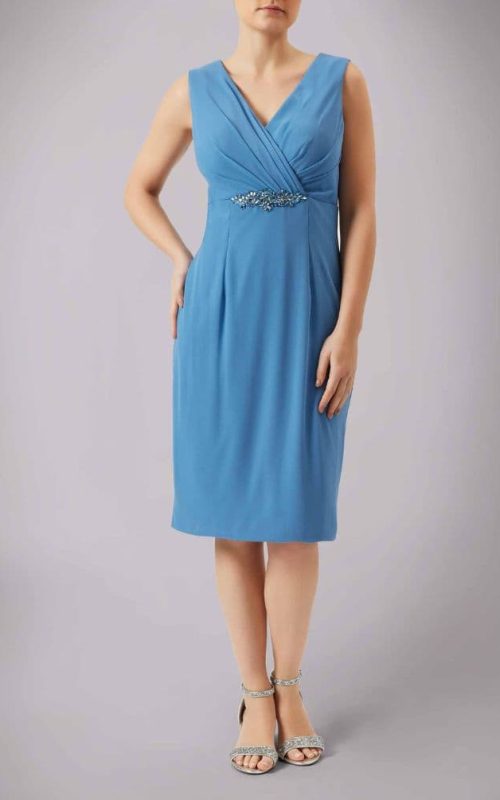 Model wearing Mascara powder blue occasion dress without jacket.